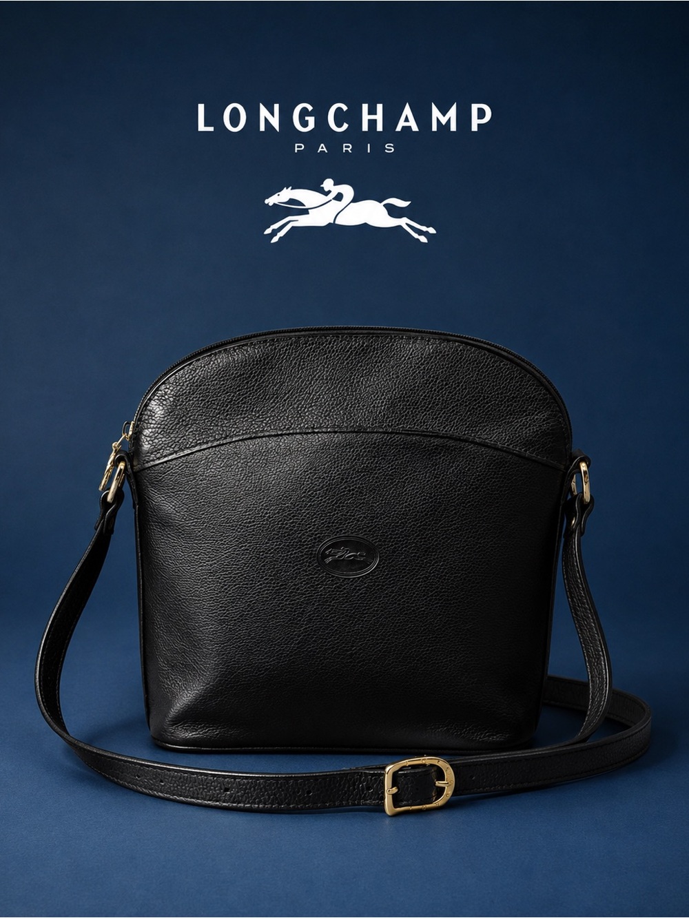 Longchamp Paris  Black Pebbled Leather Messenger Crossbody Bag